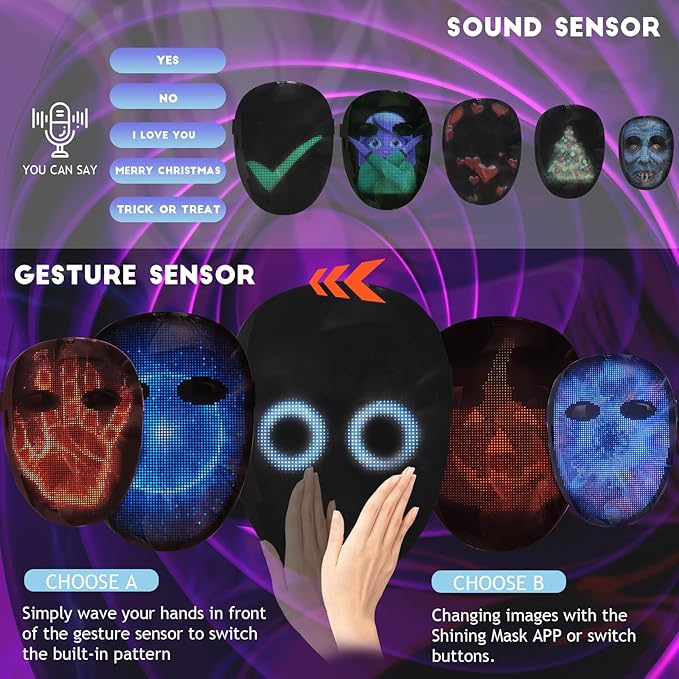 Led Mask with Voice Recognition Gesture Sensing,Programmable App Customize Patterns,Lighted Glowing Mask for Halloween Costume Party